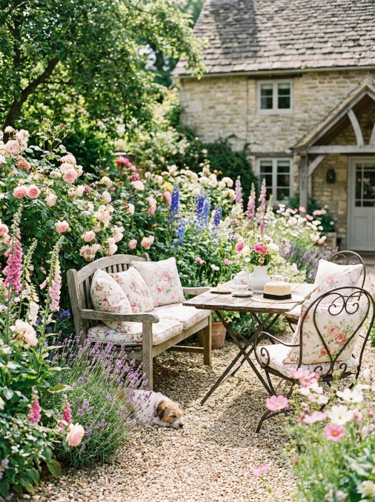  Charming cottage garden style pea gravel patio surrounded by roses lavender and foxgloves in romantic sunny garden
