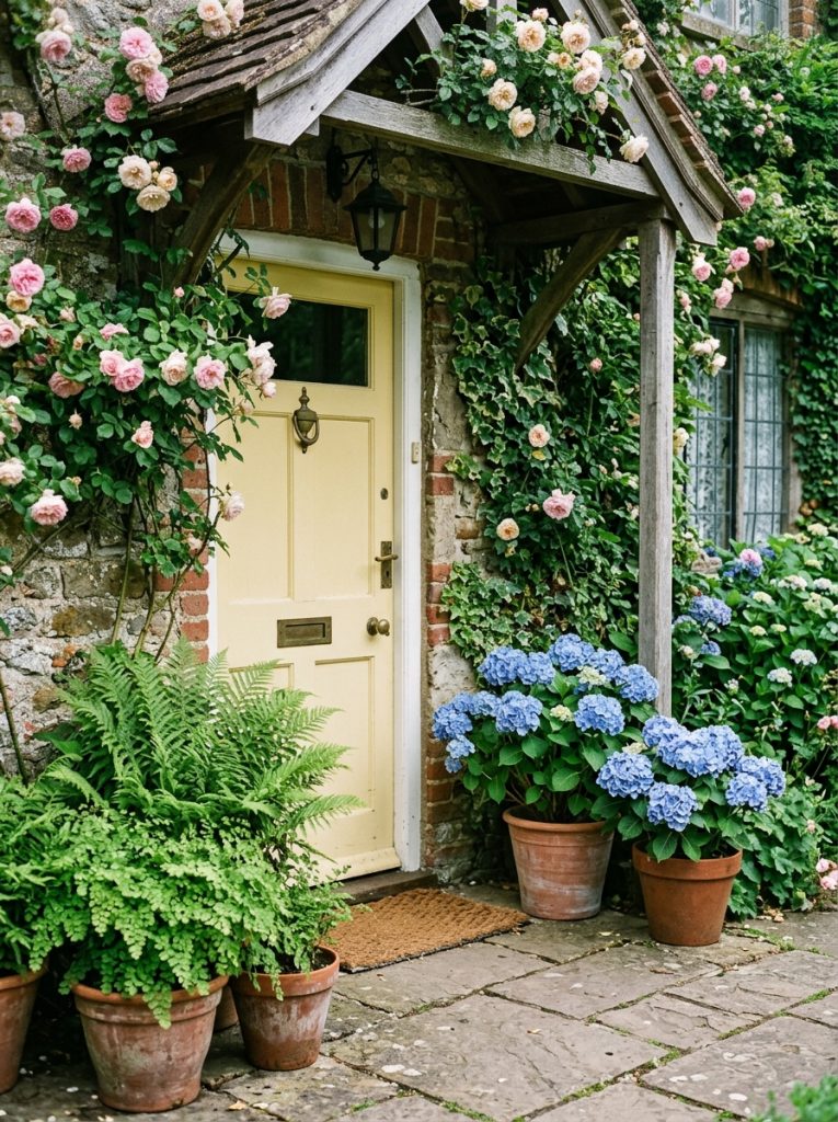 Terracotta pots with ferns and blue hydrangeas on shaded cottage yellow front door porch
