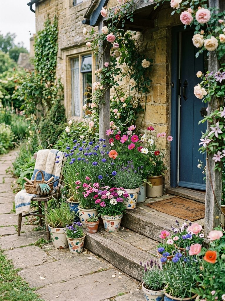 Mismatched vintage ceramic pots with wildflowers cosmos and poppies on cottage porch