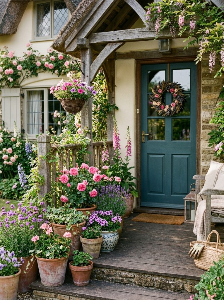 Pink and purple cottage flower pot arrangement with roses lavender foxglove and verbena