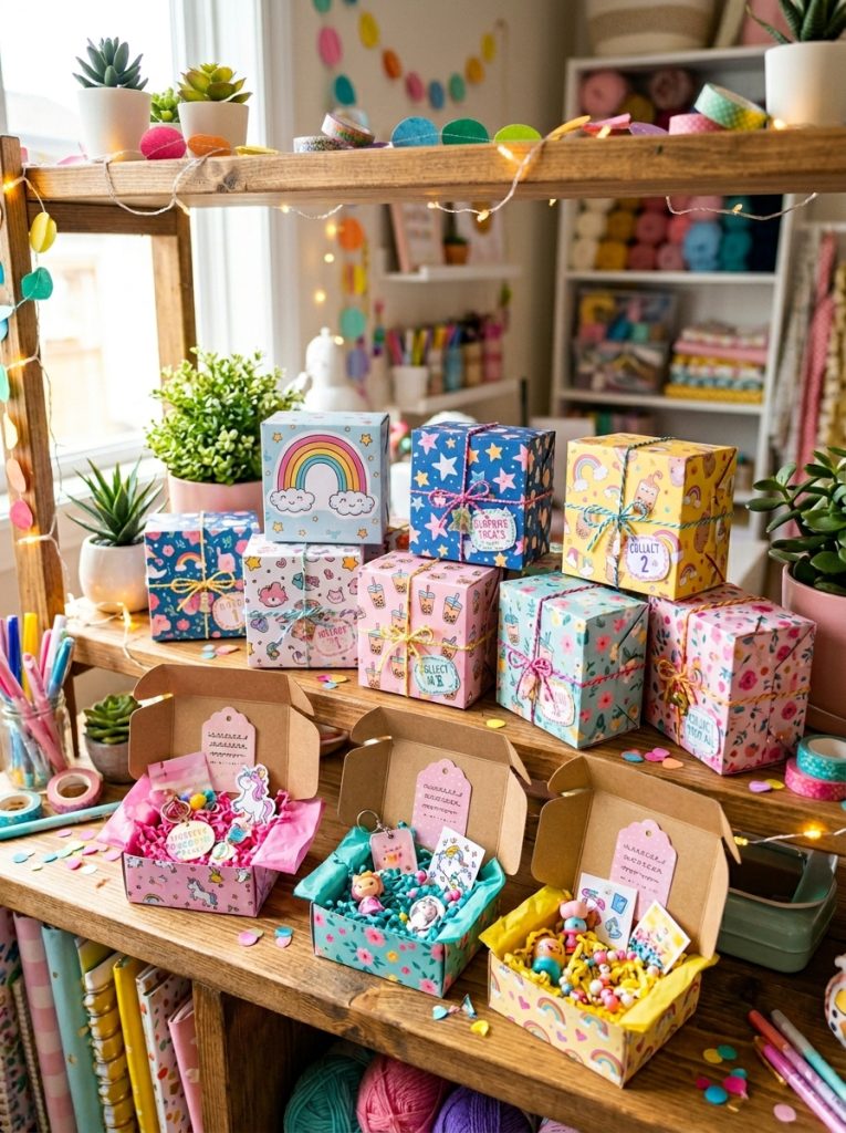 Cute blind bag style printable DIY craft mystery boxes assembled from printed templates with cute designs concealing surprises 