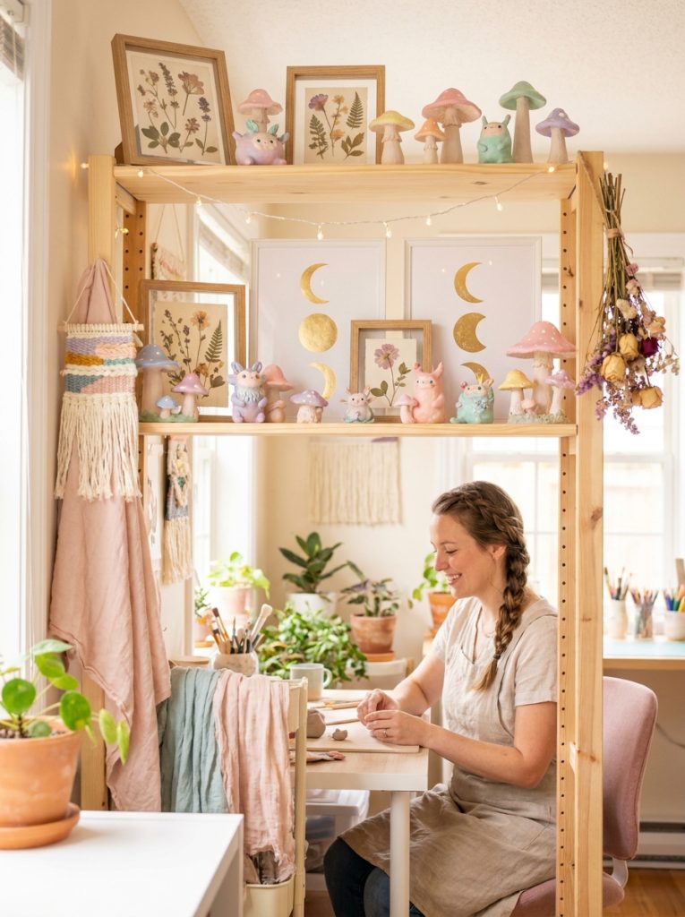 Beautiful aesthetic whimsical craft room display with clay pieces botanical art crescent moon prints and dreamy decor on styled shelf