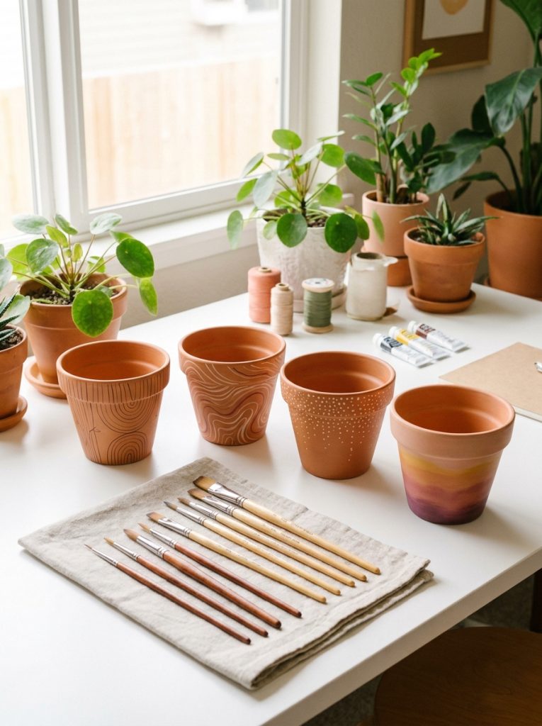  Fine art paint brushes laid out with detailed painted terracotta pots showing different technique results