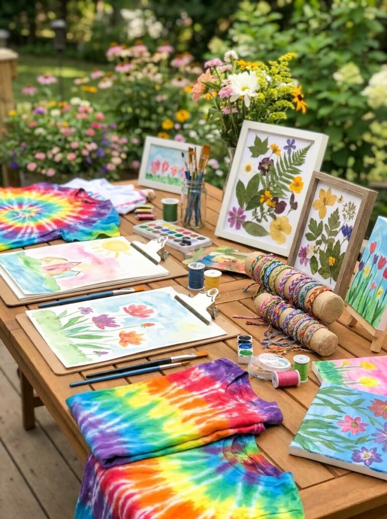 Colorful summer craft table with watercolor paintings tie dye shirts nature collages friendship bracelets and canvas art displayed