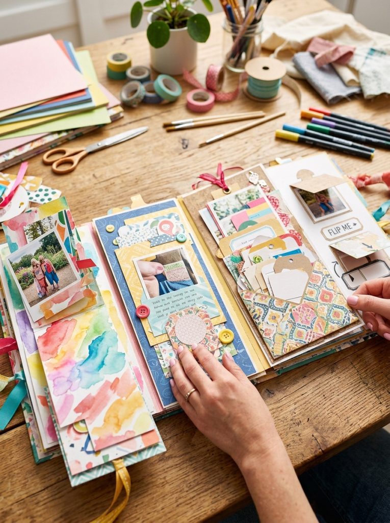 Beautiful creative interactive scrapbook with fold-out sections pull-tabs hidden messages pocket pages and envelope inserts 