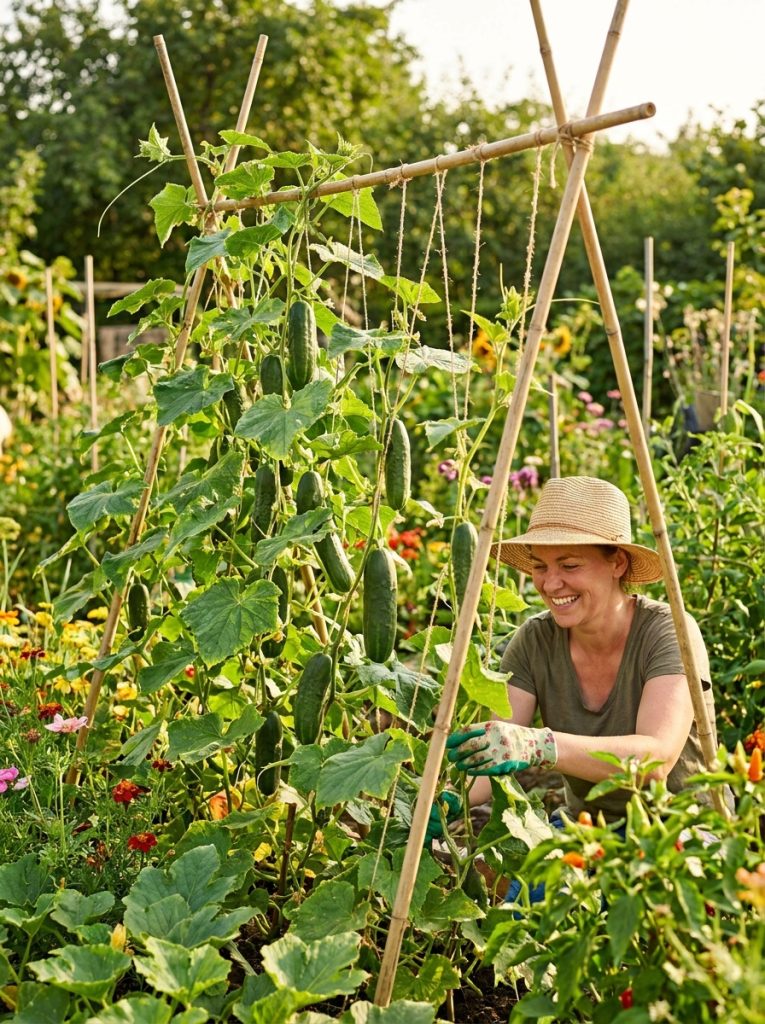  Productive vegetable garden with cheap cucumber trellis showing cucumber plants climbing and green cucumbers hanging