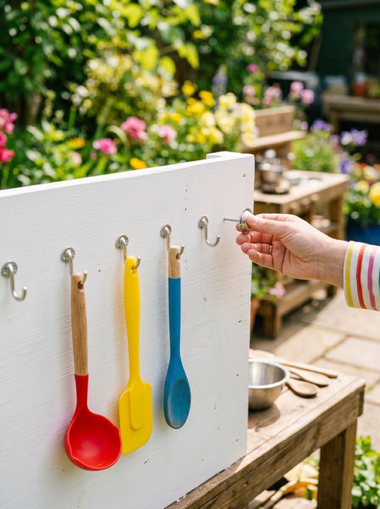 Silver cup hooks screwed into white mud kitchen back panel with colorful utensils hanging
