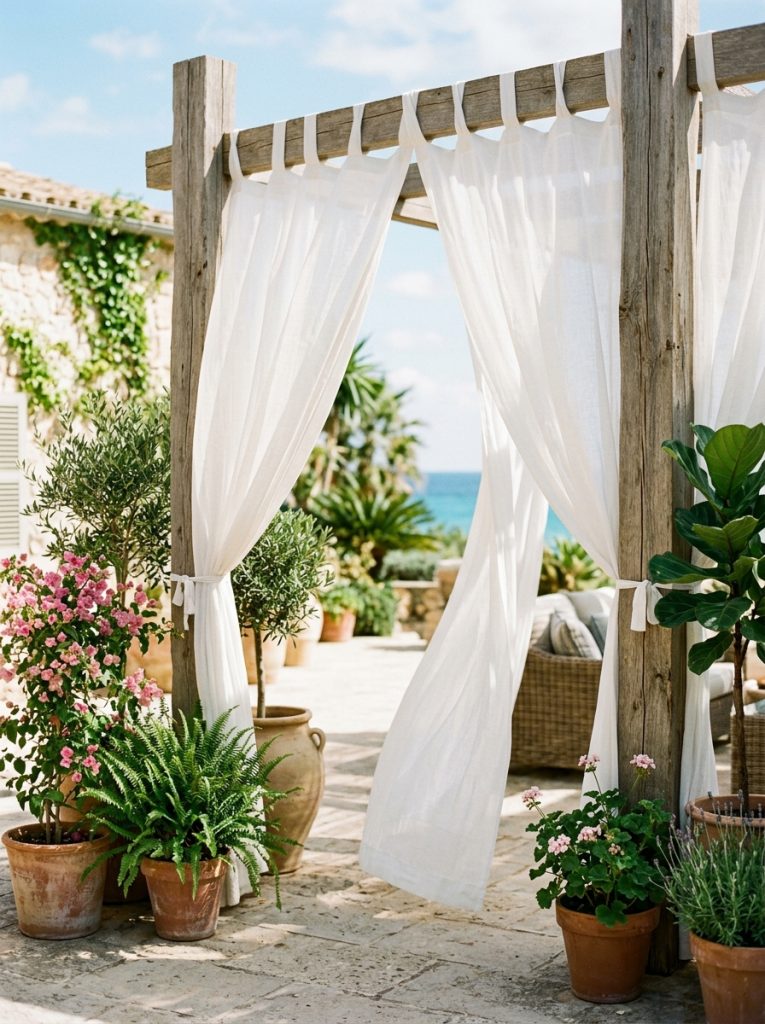 White outdoor curtain panels hanging between wooden posts creating patio shade