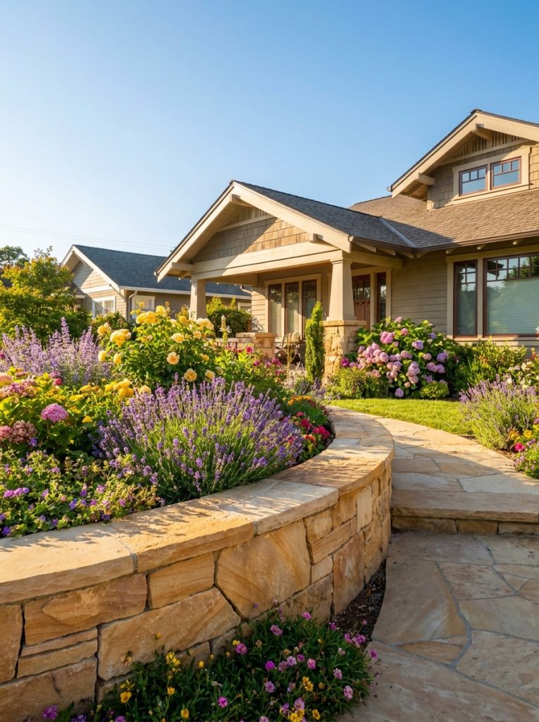 Elegant curved natural rock retaining wall creating sweeping garden bed with colorful flowers in sunny front yard