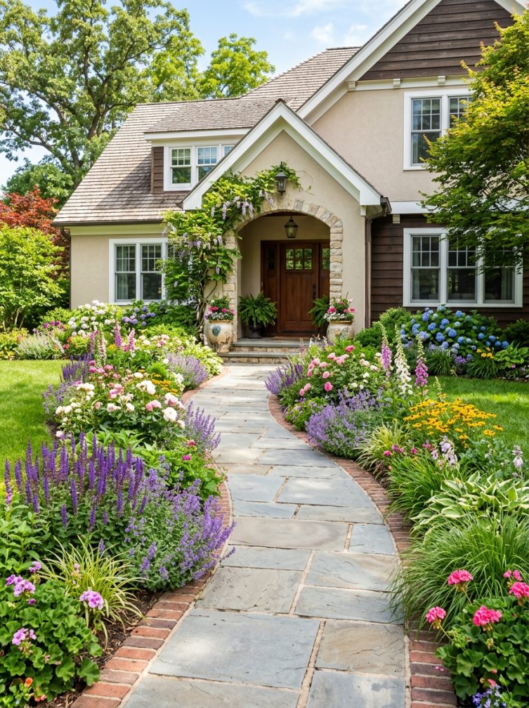  Beautiful curved front walkway landscaping with gently curving stone path and lush flowering borders in sunny front yard