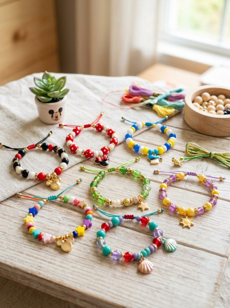 Cute Disney-inspired homemade bracelet ideas with Mickey ear shapes Disney color palettes and character bead patterns displayed