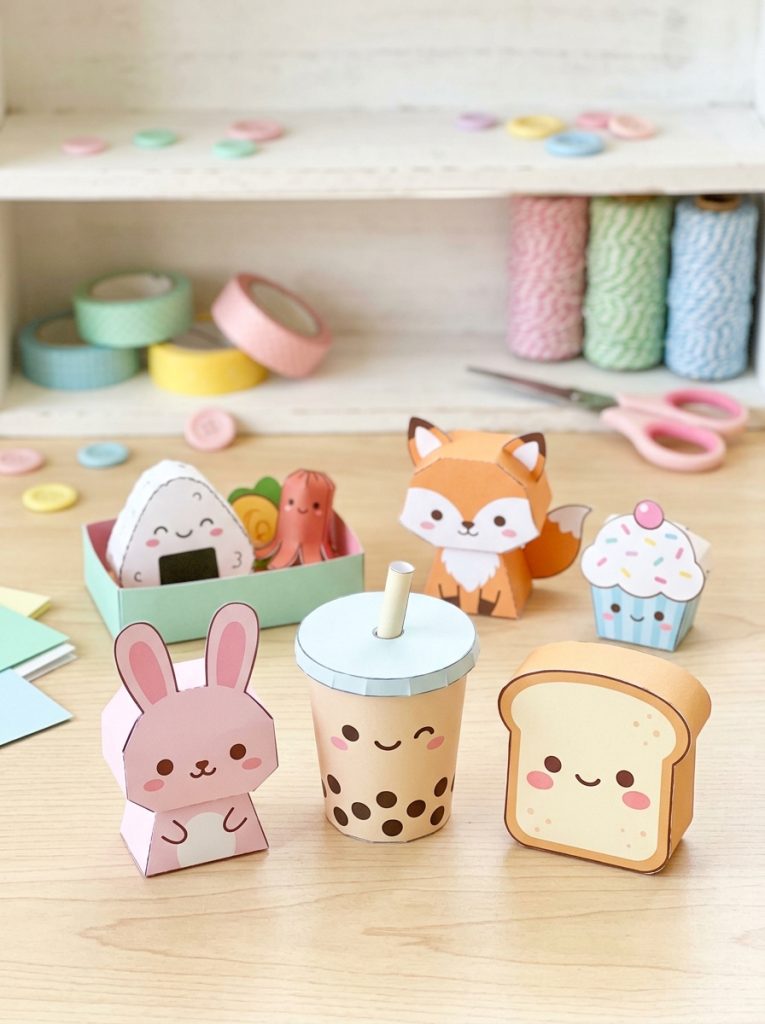 Adorable cute kawaii printable DIY craft templates assembled into food characters cute animals and adorable figures in cheerful display 