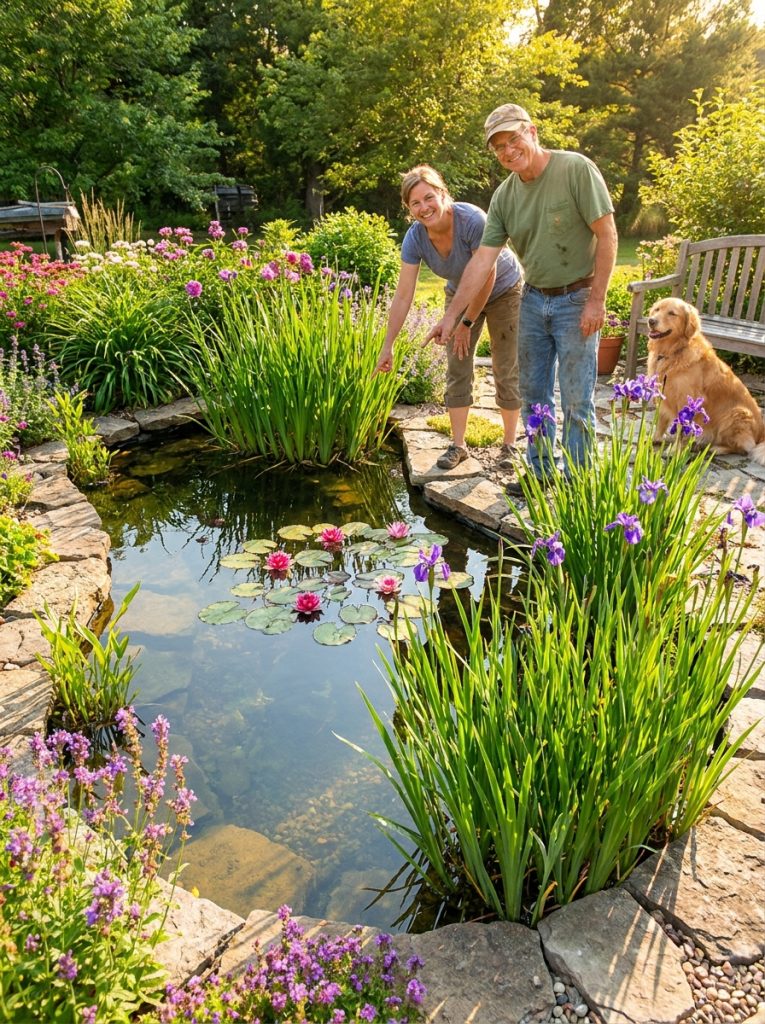 Beautiful DIY backyard pond filled with water lilies iris and rushes creating lush aquatic planting in sunny garden