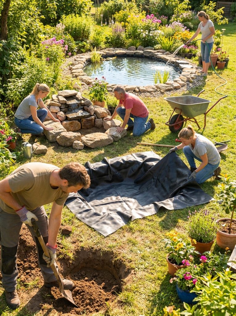 DIY backyard pond being built step by step showing hole dug liner placed rocks arranged and water being added