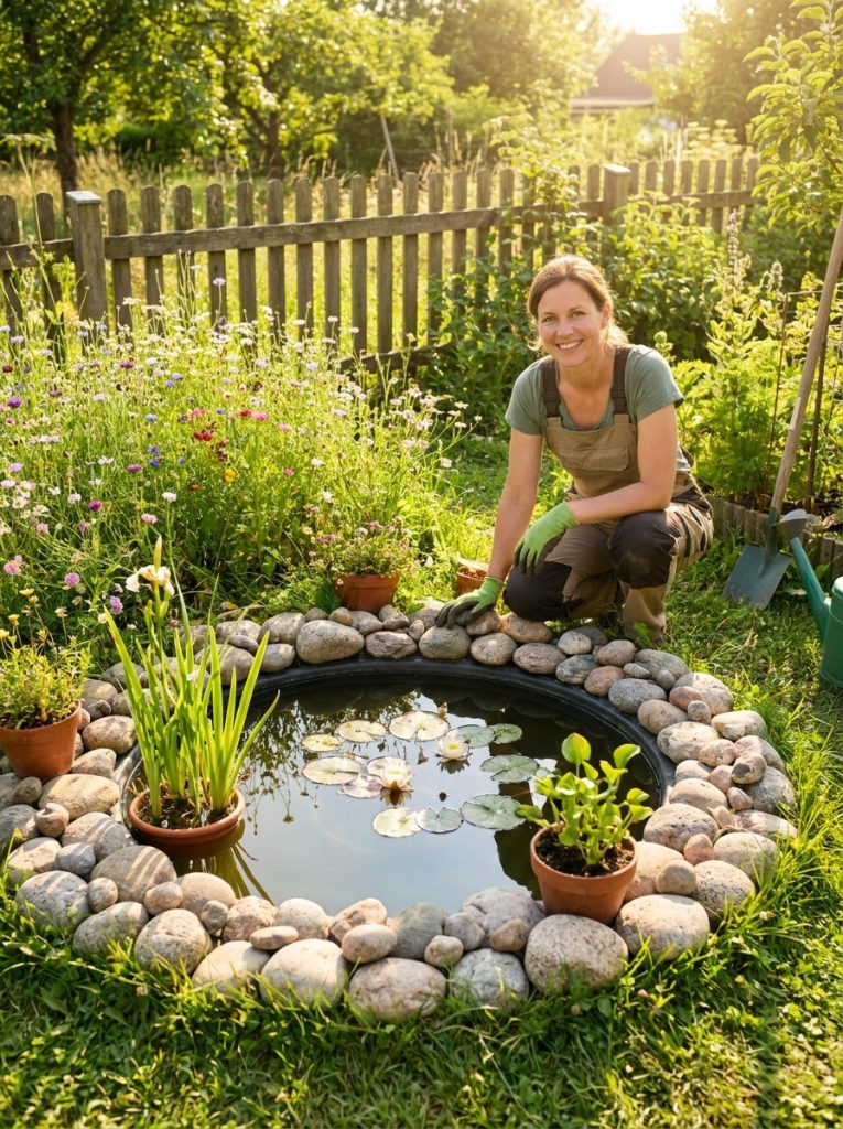 Beautifully simple cheap DIY backyard pond project with plants rocks and clear water in cheerful sunny garden