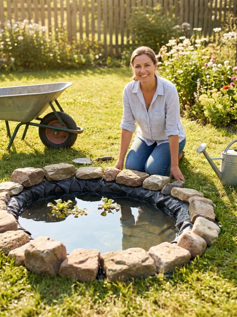 Simple cheap DIY backyard pond made on budget with basic tools affordable liner and garden rocks in sunny garden
