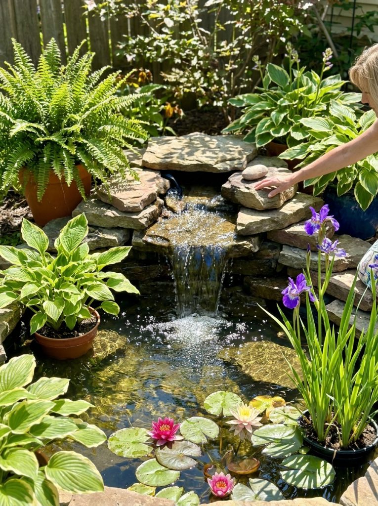 Beautiful DIY backyard pond with small waterfall cascading over stacked rocks into pond with lush surrounding plants