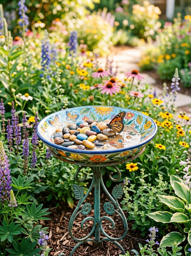  Beautifully decorated DIY butterfly puddler as garden art with painted dish colorful pebbles on decorative garden stake 