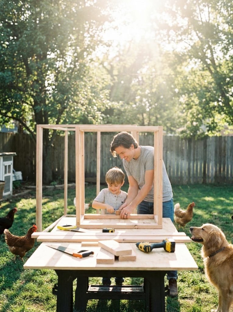 Beginner-friendly DIY chicken coop frame going up in sunny backyard with tools laid out