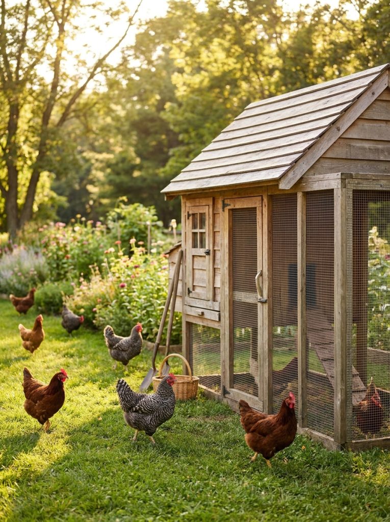  Simple DIY chicken coop in open garden for free-range chickens with birds ranging freely in background