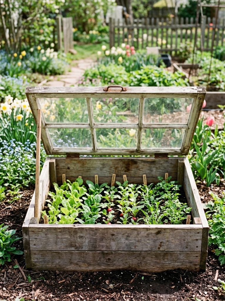 DIY cold frame enclosure from wooden boards and glass window panes with seedlings inside