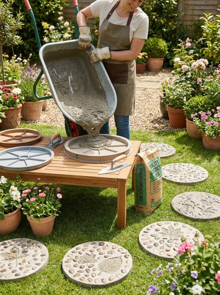 DIY concrete stepping stones being mixed and poured into molds in garden showing satisfying process of making multiple path stones