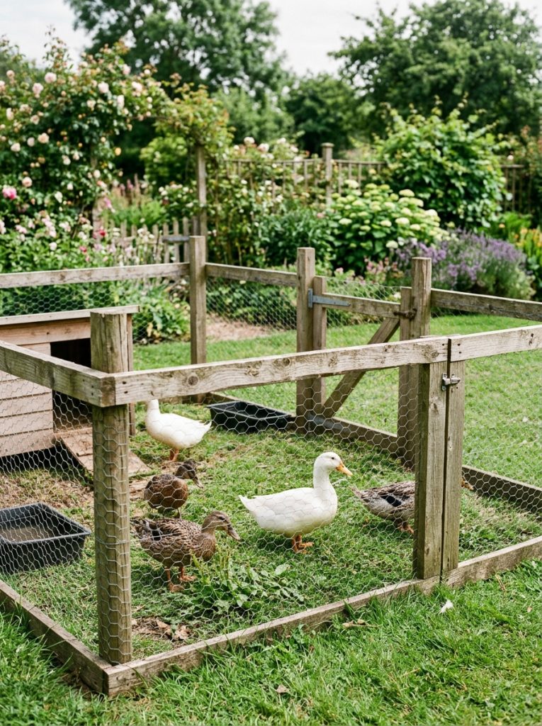 Simple DIY duck enclosure built from wooden posts and wire fencing in backyard