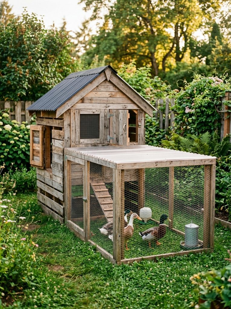 DIY pallet duck house with covered attached run and ducks inside on grass