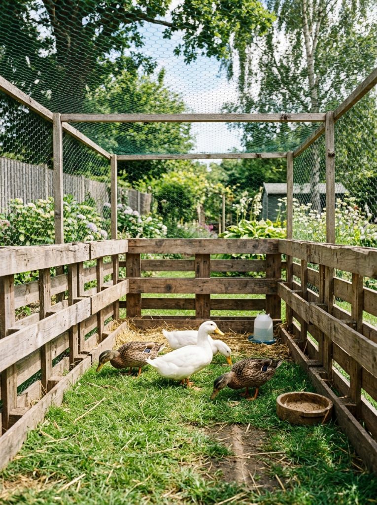 Cheap DIY duck run built from pallets with poultry netting and ducks inside