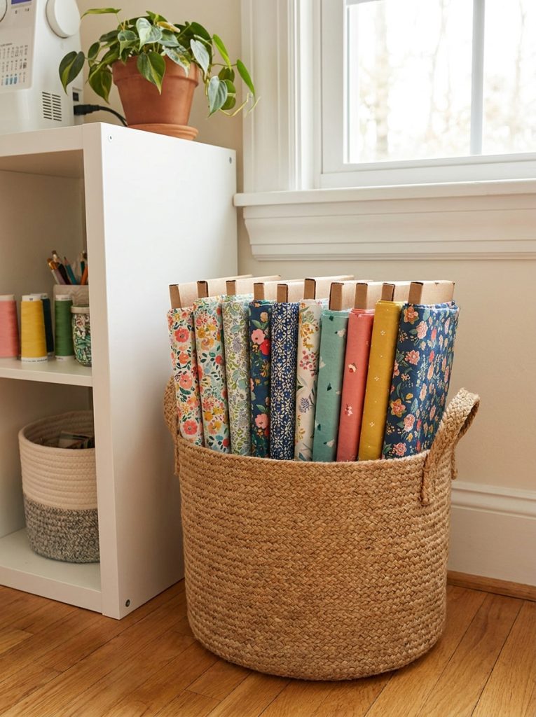 DIY fabric storage using fabric wrapped around cardboard bolts standing upright in basket