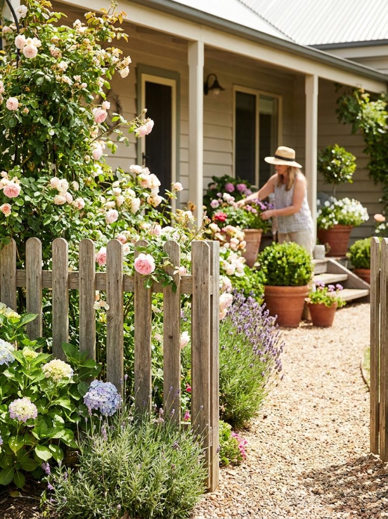 Beautiful DIY front yard privacy fence with timber picket fence and flowering plants in bright cottage style