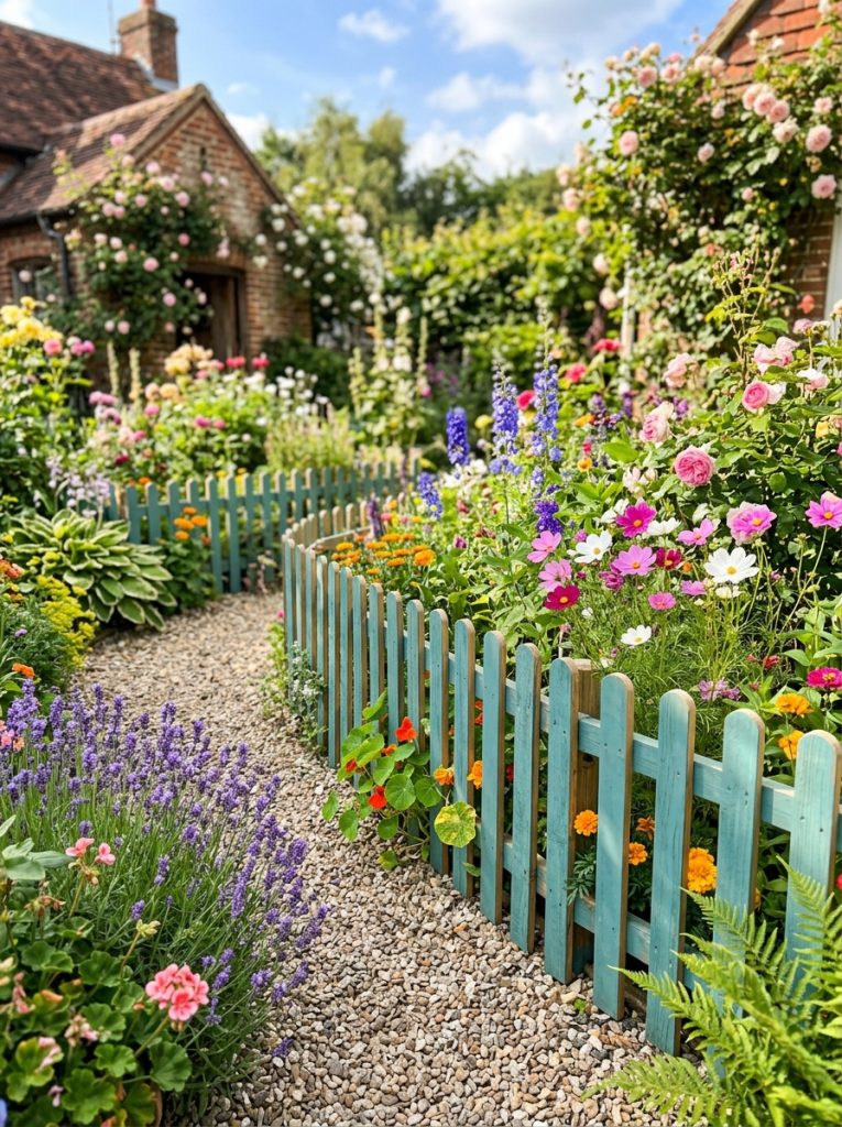 Beautiful cheap DIY garden fence border defining garden area with simple low fence in bright sunny garden