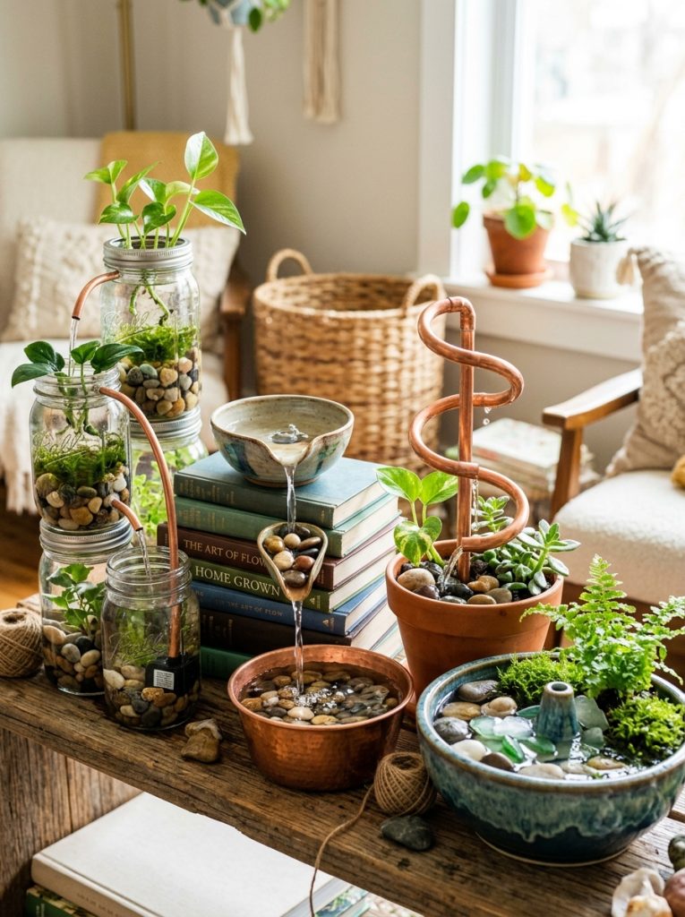 Beautiful DIY homemade indoor water fountain ideas from mason jars copper pipe and decorative containers with small pumps 