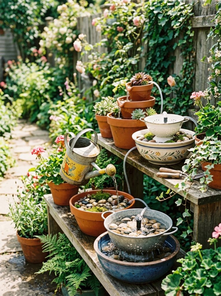  Creative cheap DIY homemade water fountains from colanders watering cans bowls and everyday containers with simple pumps 