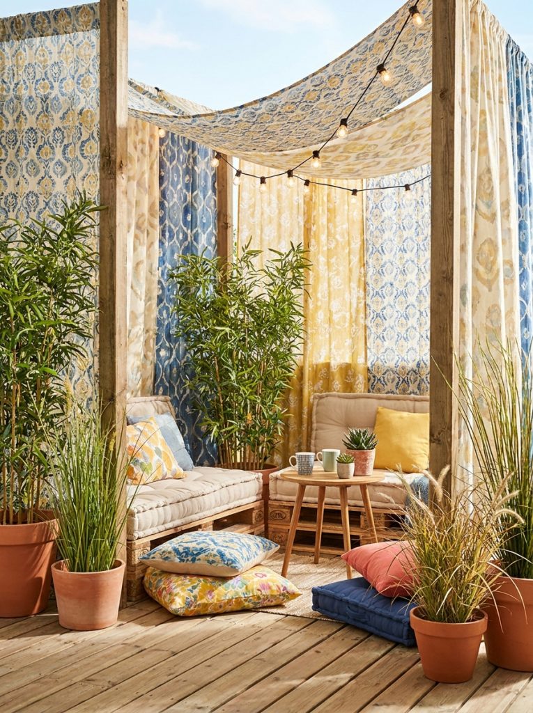 Cheap DIY outdoor seating area made private with hanging fabric panels between posts potted plants and string lights 
