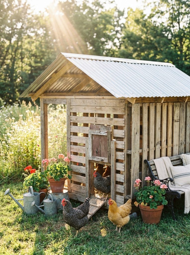 Creative DIY pallet chicken coop built from recycled pallets with corrugated metal roof