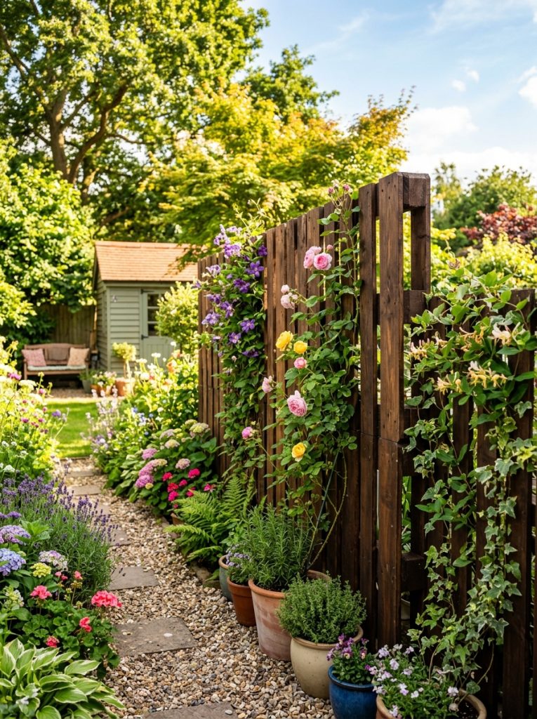 Creative DIY pallet fence with wooden pallets stood upright and painted dark forming solid boundary with plants in sunny backyard