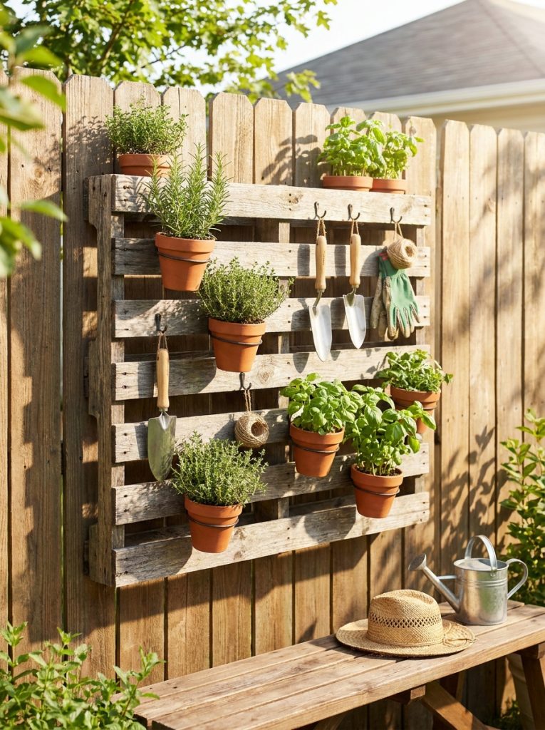 Creative DIY pallet garden wall with potted plants herbs and tools mounted on fence in sunny backyard