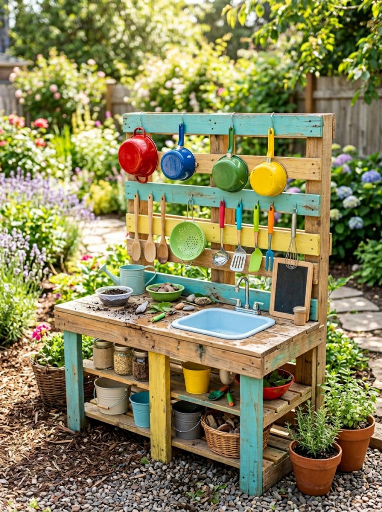 DIY pallet mud kitchen with small plastic sink basin and colorful pots on shelves