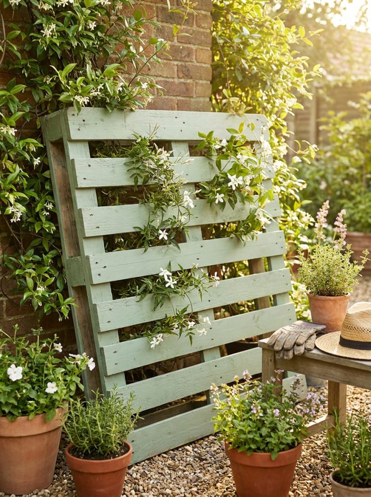 Creative DIY pallet trellis standing upright with climbing plants growing through slats as rustic recycled garden feature