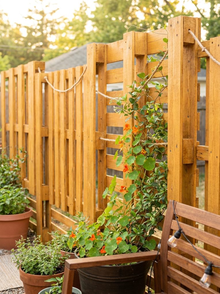Creative DIY pallet wood privacy fence standing in sunny backyard painted warm color with climbing plants