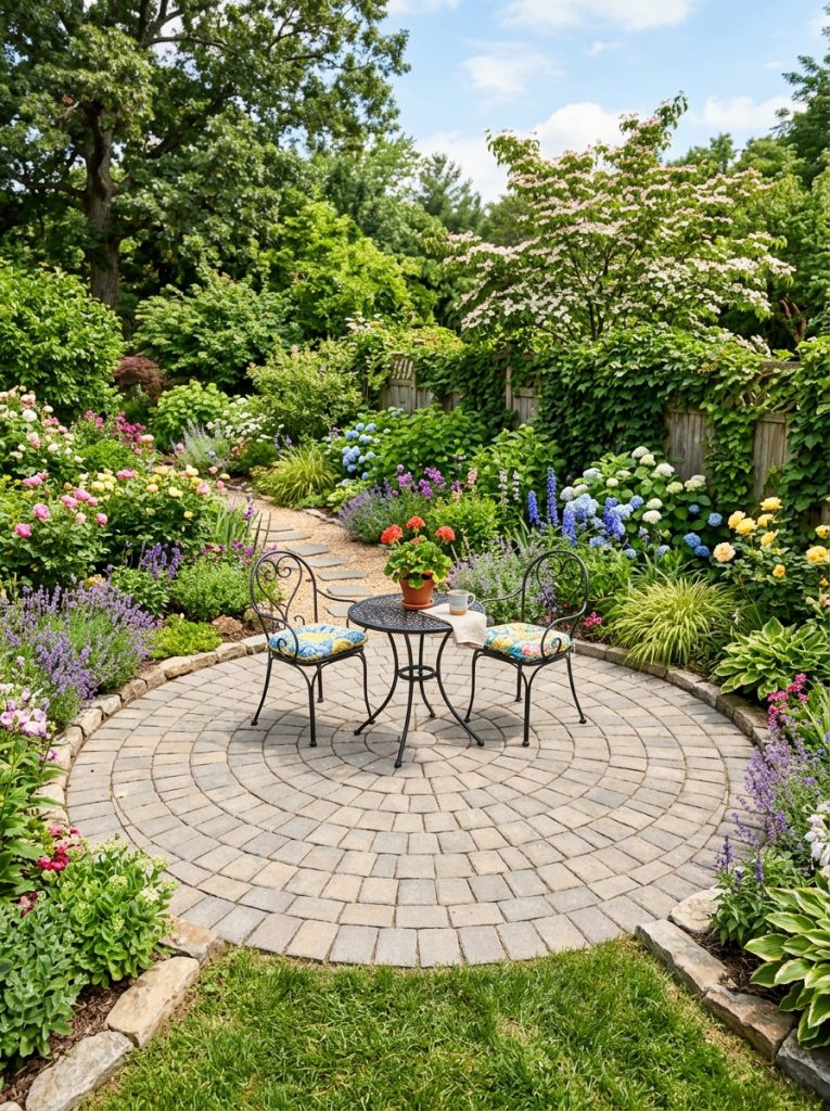 Beautiful round DIY paver patio with radial pattern creating perfect circle with bistro furniture and garden planting