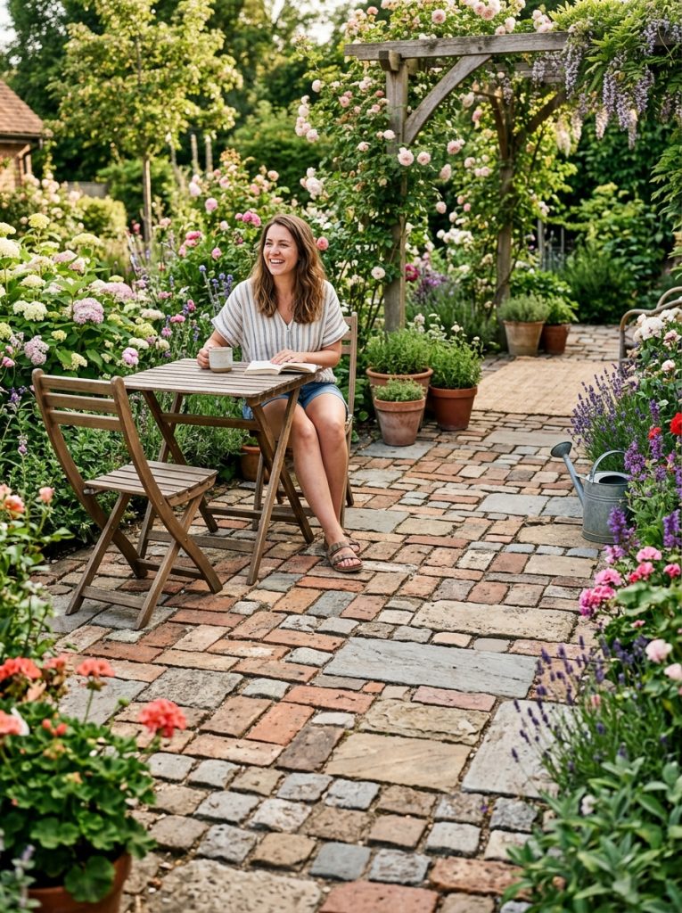 Beautiful DIY paver patio built from reclaimed bricks and old stone pavers creating charming eclectic surface in sunny garden