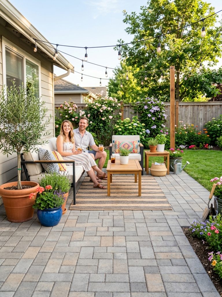 Beautiful DIY paver patio in sunny backyard with flat stones in simple pattern outdoor furniture and potted plants
