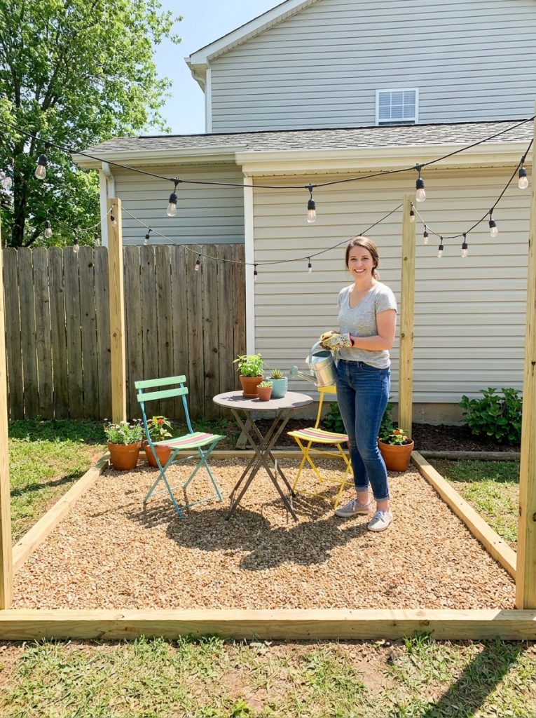 Budget-friendly DIY pea gravel patio with simple edging outdoor furniture in cheerful sunny backyard
