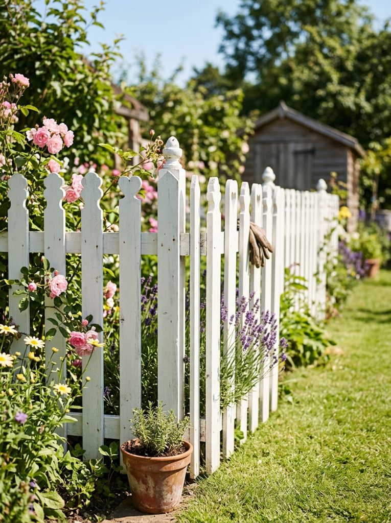 Beautiful DIY crafted picket fence with decorative shaped picket tops and garden plants in charming sunny garden