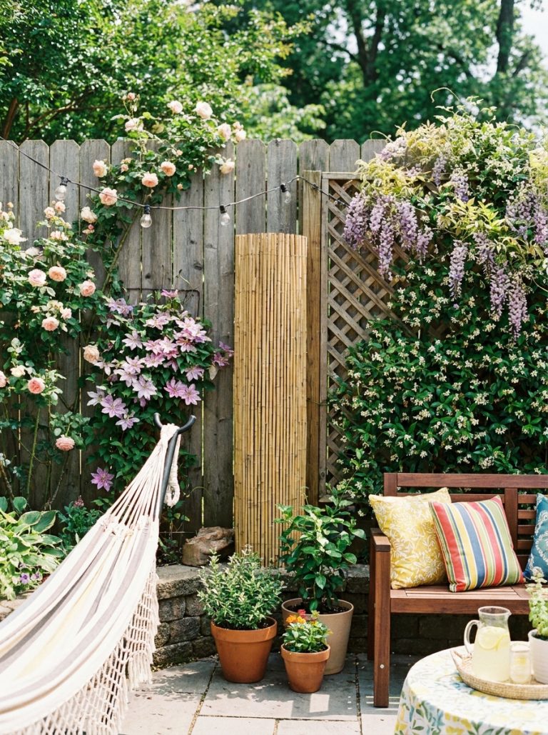 Beautiful DIY privacy fence in sunny backyard with wooden panels bamboo section and lattice with flowering vines