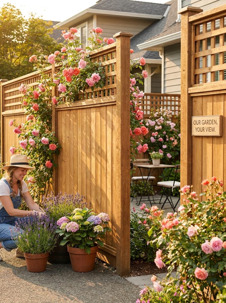  Friendly neighbor-facing DIY privacy fence with timber base trellis top and climbing roses attractive from both sides 