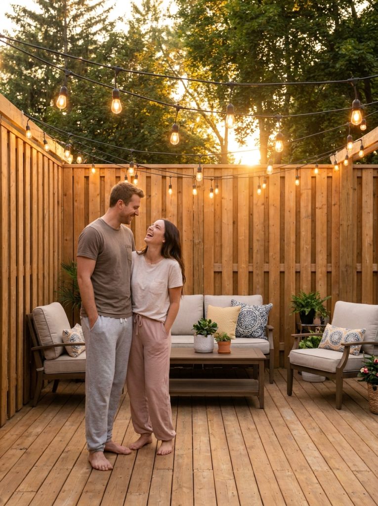  Beautiful DIY privacy fence around wooden deck with vertical timber boards string lights and comfortable furniture Pin Title: Deck DIY Privacy Fence on a Budget Outdoor Ideas 