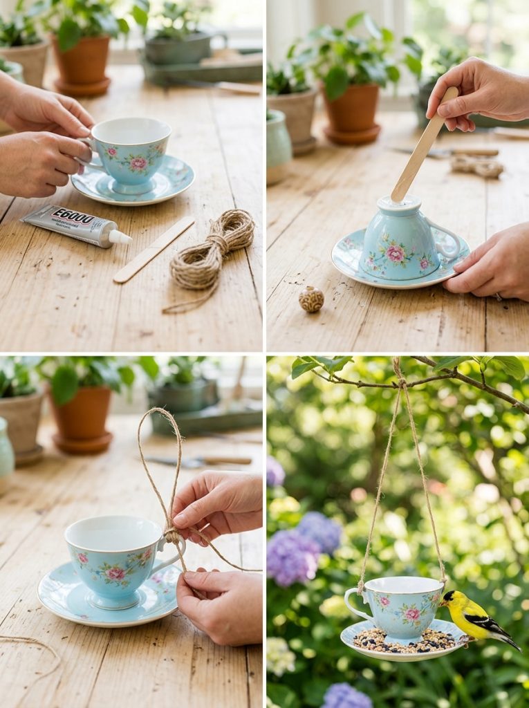 Beautiful simple easy tea cup bird feeder DIY being made with clear beginner-friendly steps transforming plain teacup into garden feeder 